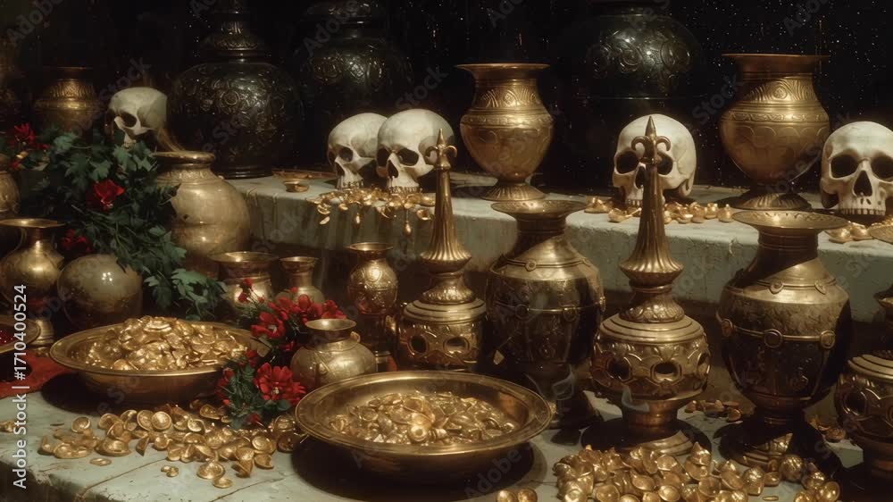 Ancient ritual scene with human skulls, golden bowls, and mystical ...