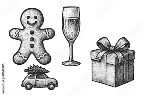 Vintage festive holiday elements set with gingerbread man, champagne flute, car carrying Christmas tree, gift box with ribbon bow, stippling, holiday celebration, Christmas decor, retro style