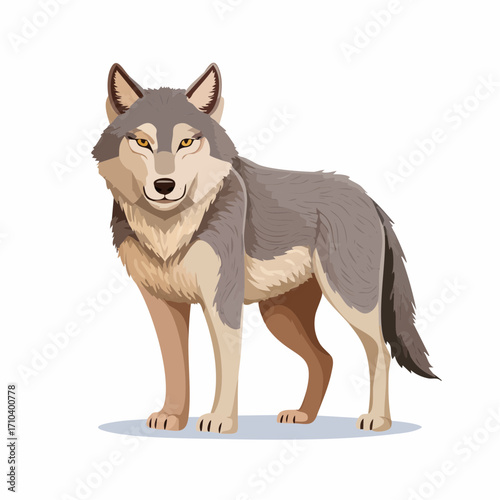 A majestic wolf stands alert, showcasing its detailed fur and alert gaze in a realistic illustration