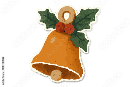 Vintage Christmas bell ornament with holly leaves and berries, torn paper sticker style, naive halftone collage vector, clay toy cartoon illustration with transparent background
