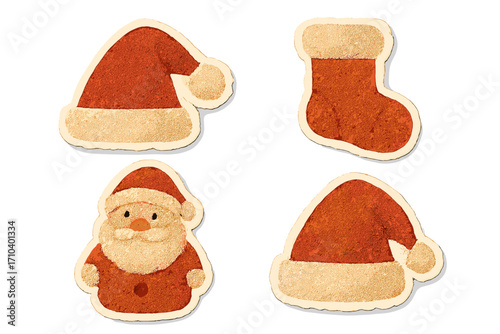 Santa Claus hat Christmas torn paper sticker in naive halftone collage style, vintage clay toy vector design, cartoon illustration with transparent background, festive holiday decoration