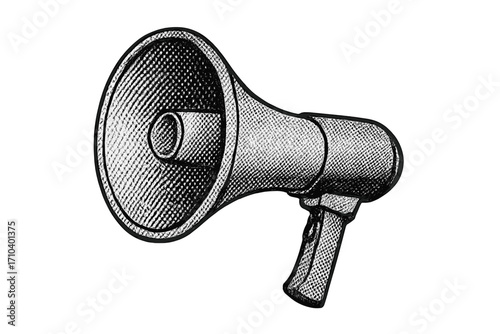 Retro pop art loudspeaker with halftone effect. Dotted monochrome megaphone illustration for collage. Concept for announcement, communication, protest, alert, or speech. Vector.