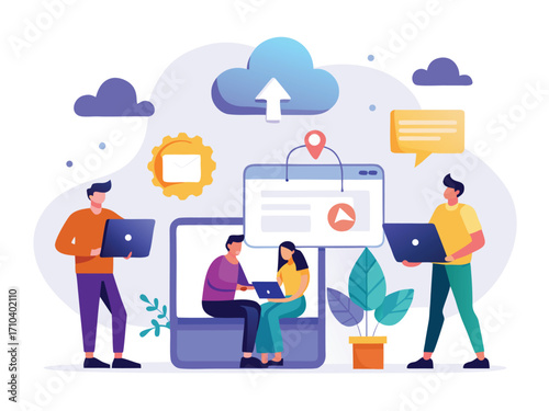 Diverse remote team collaborating on cloud-based projects using laptops and digital interfaces