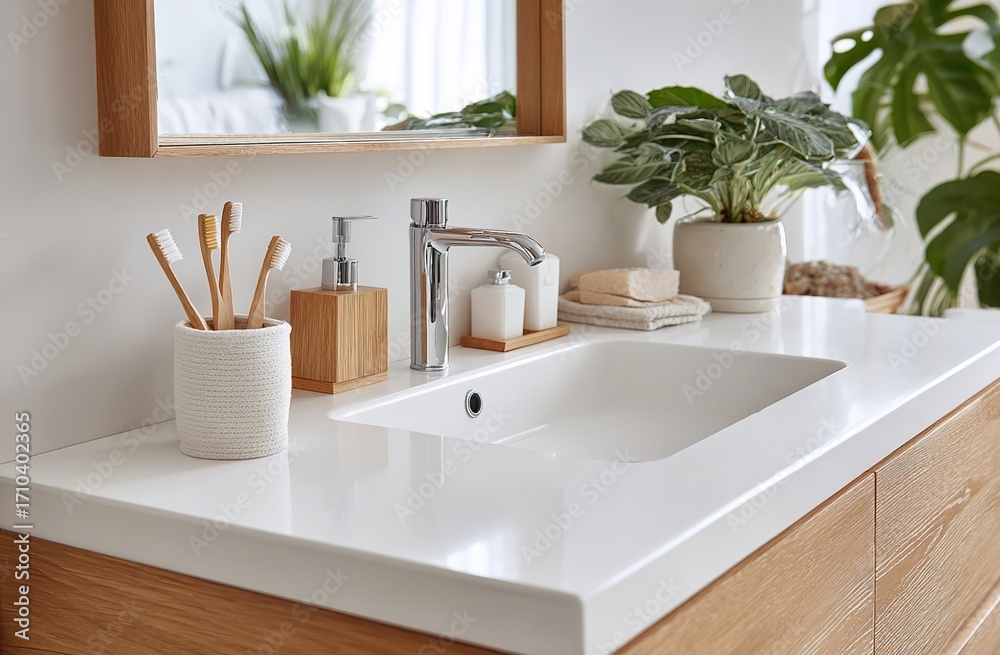 Fototapeta premium Modern Bathroom Sink Area with Plants. It shows a tidy bathroom sink space with greenery. Ideal for interior design blogs, home renovation sites, or bathroom product promotions.