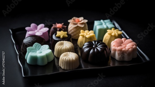 фотографія Japanese wagashi sweets pastel colors flower shaped and delicately arranged on a