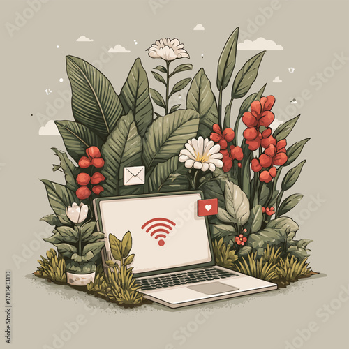 Illustrazione vettoriale di laptop immerso nella natura