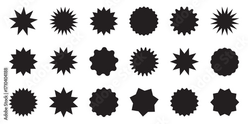 Set of vector starburst and sunburst badges isolated on white background. Design elements ideal for sale stickers, price tags, discount labels, promotion marks, quality symbols and special offer signs