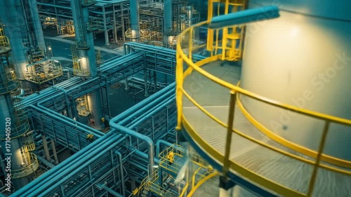Aerial View of Industrial Pipelines and Equipment in a Modern Chemical Plant