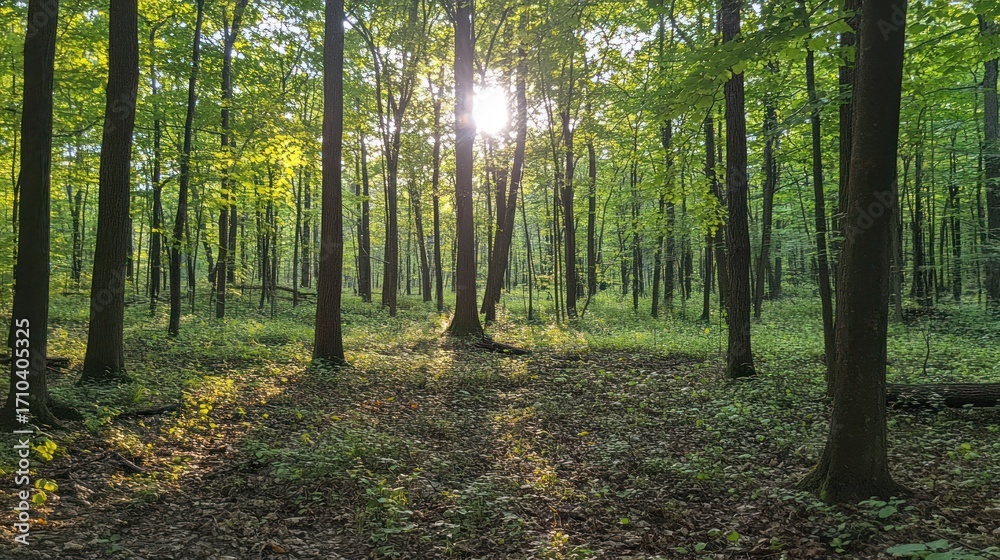 Fototapeta premium Sunlight streams through a dense forest
