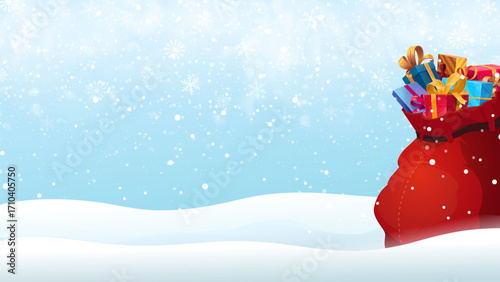Christmas gifts bag on the snow. Vector red Xmas sack overflowing with colorful presents sits on a snowy landscape with falling snowflakes. Festive winter background for holiday cards, seasonal banner