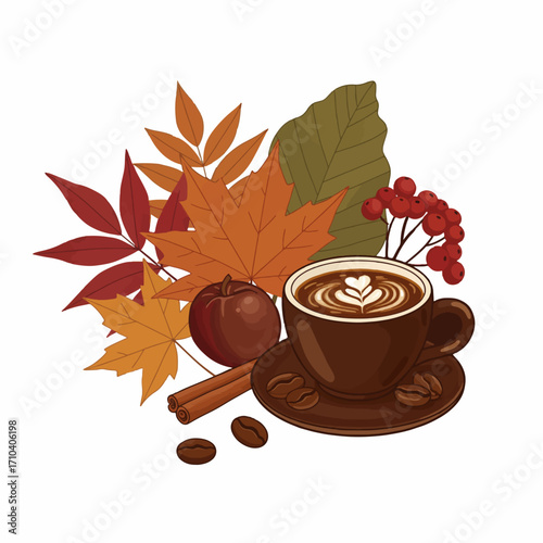 Cozy Autumn Coffee Cup with Fall Leaves and Cinnamon Sticks