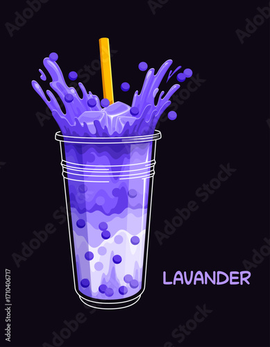 Cartoon milk bubble tea drink glass cup with bright splash of boba pearls, vector tapioca beverage. Lavander flavor milk bubble tea cup with drinking straw and splashing balls for juice bar menu