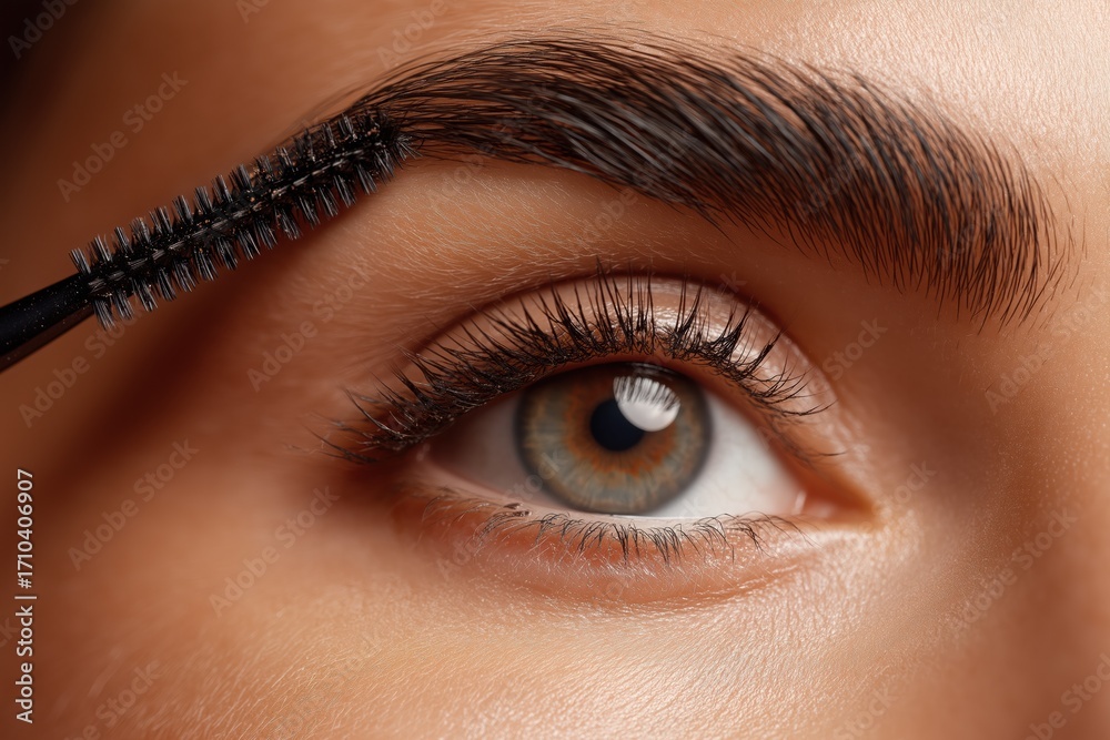 Obraz premium Extreme close up of woman eye with eyebrow grooming using spoolie brush, beauty care and cosmetic detail for natural makeup look