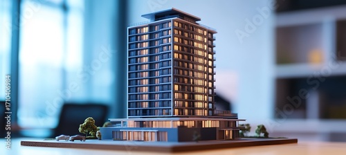 Architectural model of a modern building on a table with a blurred background