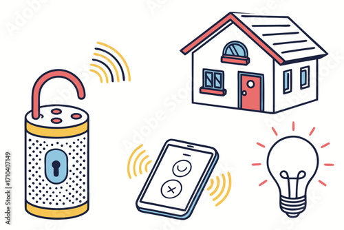 Colorful doodle smart home technology icons set featuring wireless padlock house smartphone control and glowing lightbulb.