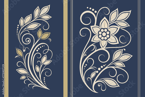 Elegant cream and gold stylized floral patterns featuring textured leaves petals and swirling tendrils.