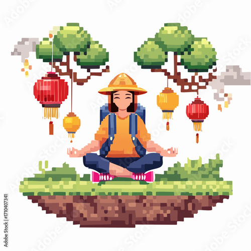 Discover tranquility on a fantastical pixel art journey a peaceful traveler finds inner calm while hiking through a serene, floating landscape adorned with vibrant cultural lanterns