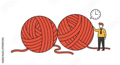 Cartoon man holding two giant yarn balls
