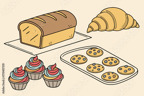 Handdrawn cartoon baked goods golden croissant scored bread loaf swirled frosting cupcakes chocolate chip cookies.