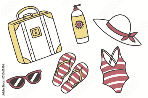 Illustrated Summer Vacation Essentials Suitcase Sunscreen Hat Sunglasses Flipflops Striped Swimsuit Collection.