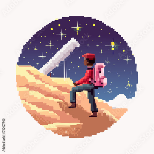 Inspirational pixel art of a lone adventurer climbing a mountain toward a celestial telescope, symbolizing a journey of discovery and ambition