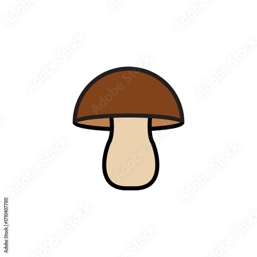 Illustration of a brown mushroom with a beige stem and black outline, isolated on a white background.