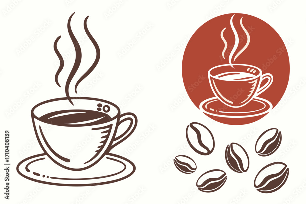 Obraz premium Stylized handdrawn steaming coffee cups saucers and roasted beans vector illustration set.