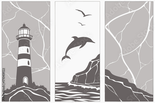 Stylized Monochromatic Coastal Triptych Featuring Lighthouse Jumping Dolphin and Rocky Cliffs.