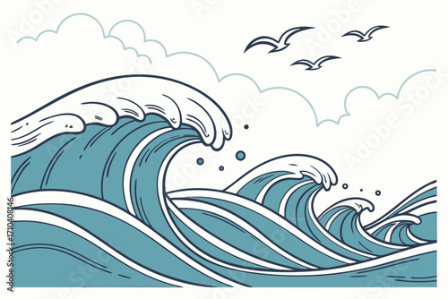 Stylized Ocean Waves with White Foam Flying Seagulls and Outline Clouds.