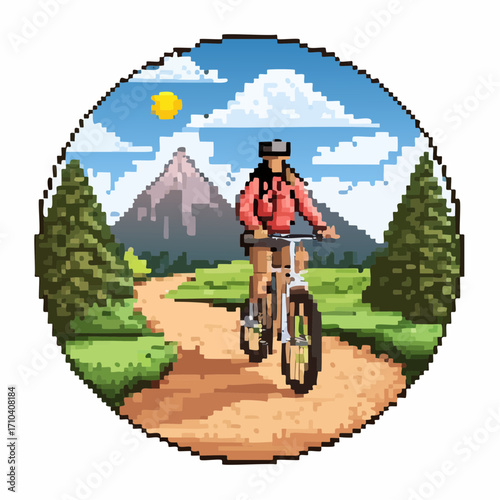 Immersive virtual reality adventure with a cyclist wearing a headset on a mountain bike trail in a retro 8-bit pixel art style illustration