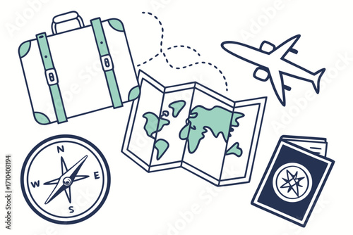 Stylized travel icons suitcase world map compass passport airplane with dotted flight path.