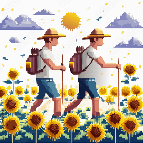 Retro 8-bit pixel art illustration of two male adventurers trekking through a beautiful field of yellow sunflowers during a summer journey