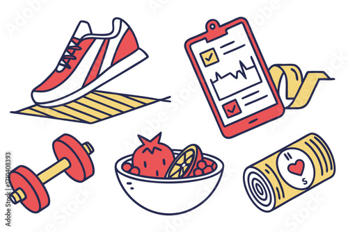 Vibrant doodle style fitness gear healthy food and wellness items in red yellow and white colors.
