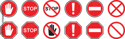 Set of red warning and stop signs including hand, exclamation mark and no entry symbol. Ideal for road safety, caution and traffic related design. Universally indicating restriction, prohibition sign.
