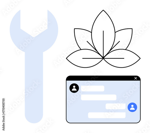 Wrench tool, leaf design, chat window with user icons. Ideal for sustainability, environmental solutions, tech communication, repair services, teamwork, nature-tech fusion simple landing page