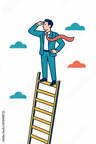 Ambitious businessman peers into future from ladder top, seeking new opportunities and growth.