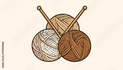 Brown yarn balls with knitting tools