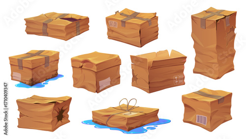 Damaged crumpled cargo delivery cardboard boxes. Broken and ripped parcel packages. Wet, damaged and crushed containers. Vector set of spoiled soaked packs showing logistics and postal shipping issues