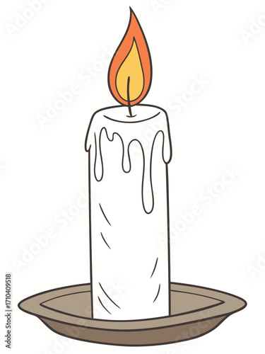 A white candle with melted wax sits upright on a shallow brown dish, its flame glowing with a yellow core and orange outer edge.
