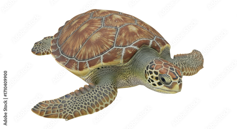 Naklejka premium Isolated Sea Turtle swimming with streamlined body and patterned shell for marine wildlife shot