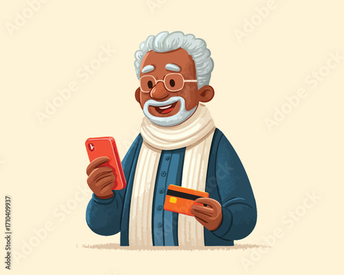 Uomo indiano di mezza età sorridente con smartphone