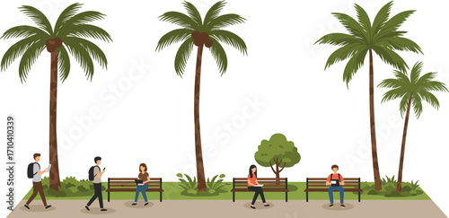 Urban park, palm trees, people relaxing, smartphone usage, reading books, outdoor lifestyle, paved walkway, casual scene, greenery, benches, digital habits