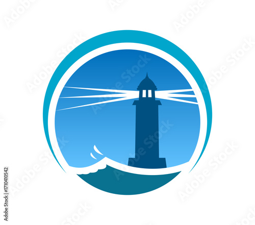 Lighthouse and beacon icon with light beam radiating across a circular blue background and sea waves at the base. Vector round seafaring emblem, symbolizing guidance, safety and maritime navigation