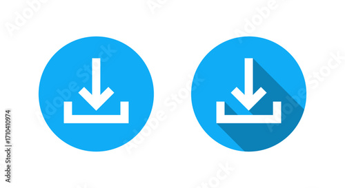 Download, save icon with long shadow. Down arrow with base line symbol