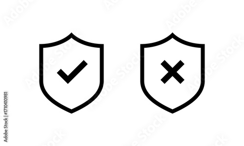 Shield check and cross icon. Security approval and denial symbol