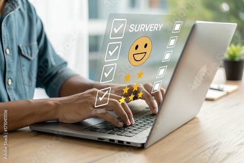 Person typing on laptop with glowing digital interface showing social media icons and happy emoji