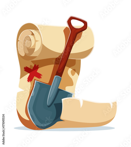 Cartoon pirate treasure map scroll with a red x mark and shovel. Caribbean pirates or corsairs game icon symbolizes and hidden riches, treasure hunt, mysterious adventure, and secret loots exploration