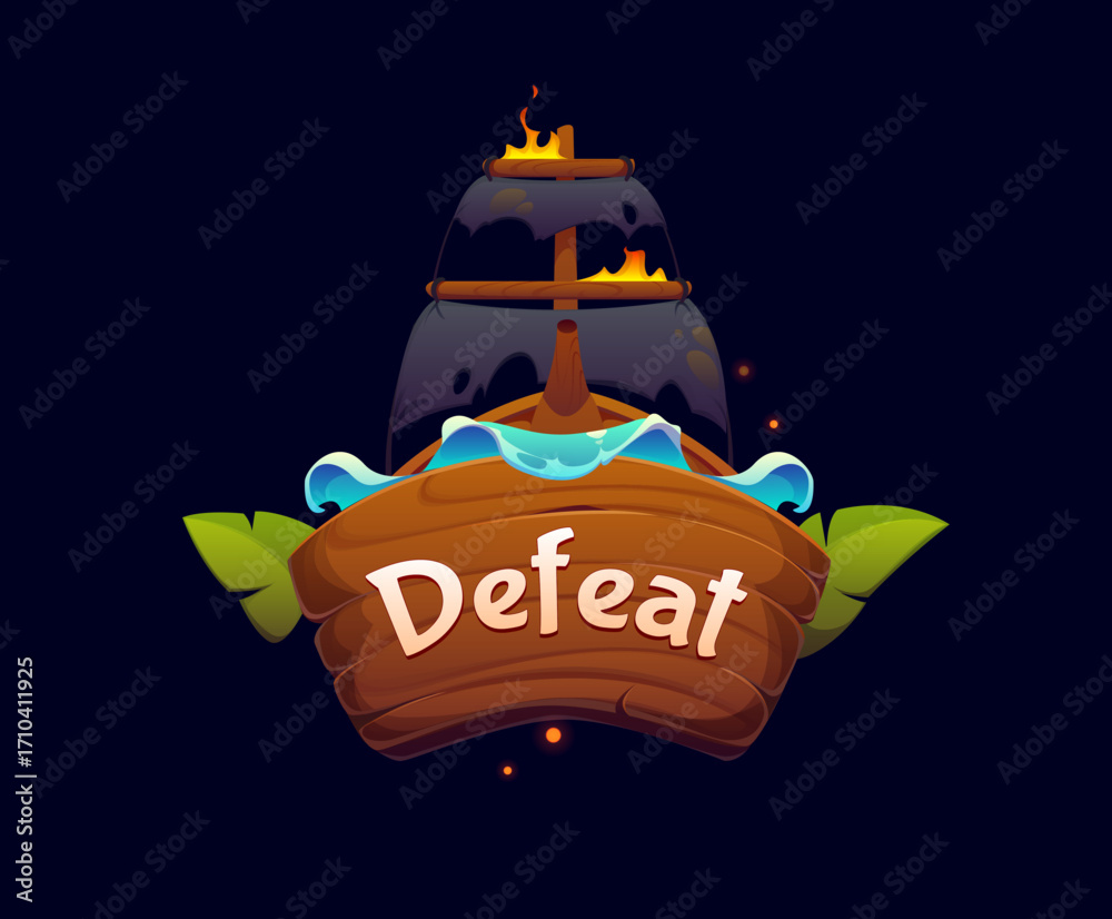 Obraz premium Defeat pirate and corsair game frame icon asset features cartoon sinking rover ship with fire on wooden hull, dramatic flames and water splash. Pop up banner or badge suggest game over or battle loss