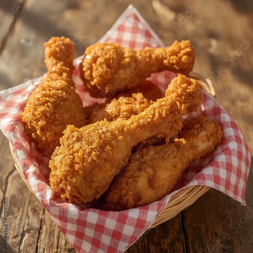 Crispy Fried Chicken Drumsticks in Basket on Rustic Wooden Table