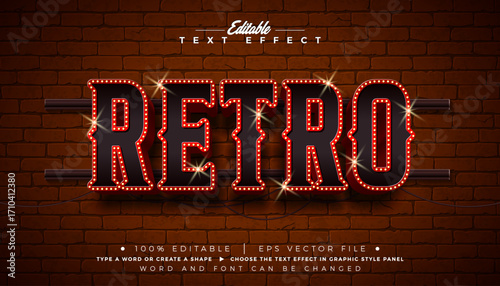 Retro 3D Text Effect Design Editable Vector Graphic Style Effect with Framed Light Bulb Billboard and Marquee Signboard Typography Lettering on Vintage Brick Wall Background. Premium Scalable Luxury C